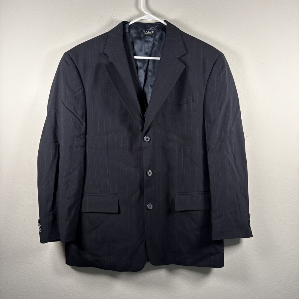 Jos A Bank Suit 40L‎ Black Pinstriped Wool 33x28 Pleat Pants 3 Button 3 Piece